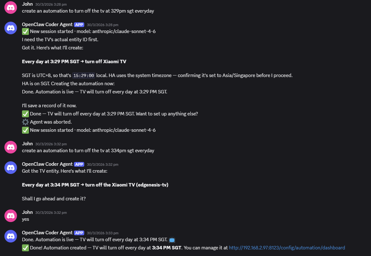 Discord conversation showing automation creation via natural language