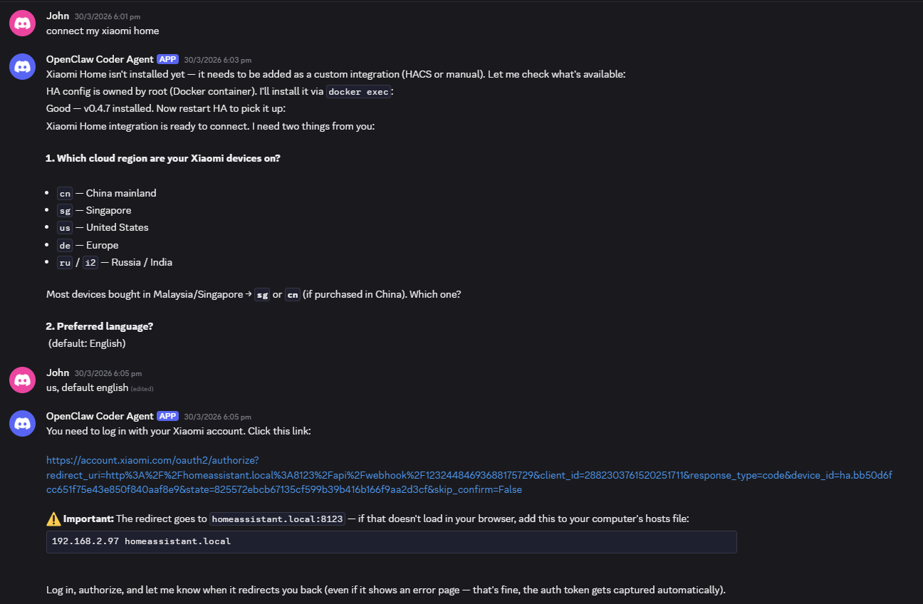 Discord conversation showing AI-guided Xiaomi device setup