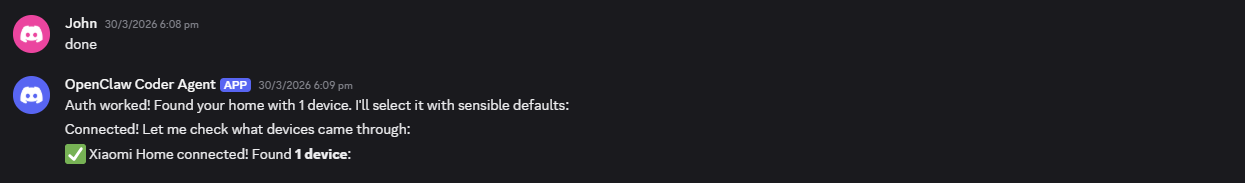Discord conversation showing successful device authentication and discovery