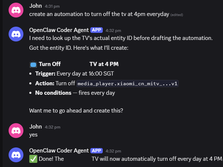 Discord conversation showing the AI summarizing an automation and waiting for user confirmation before creating it